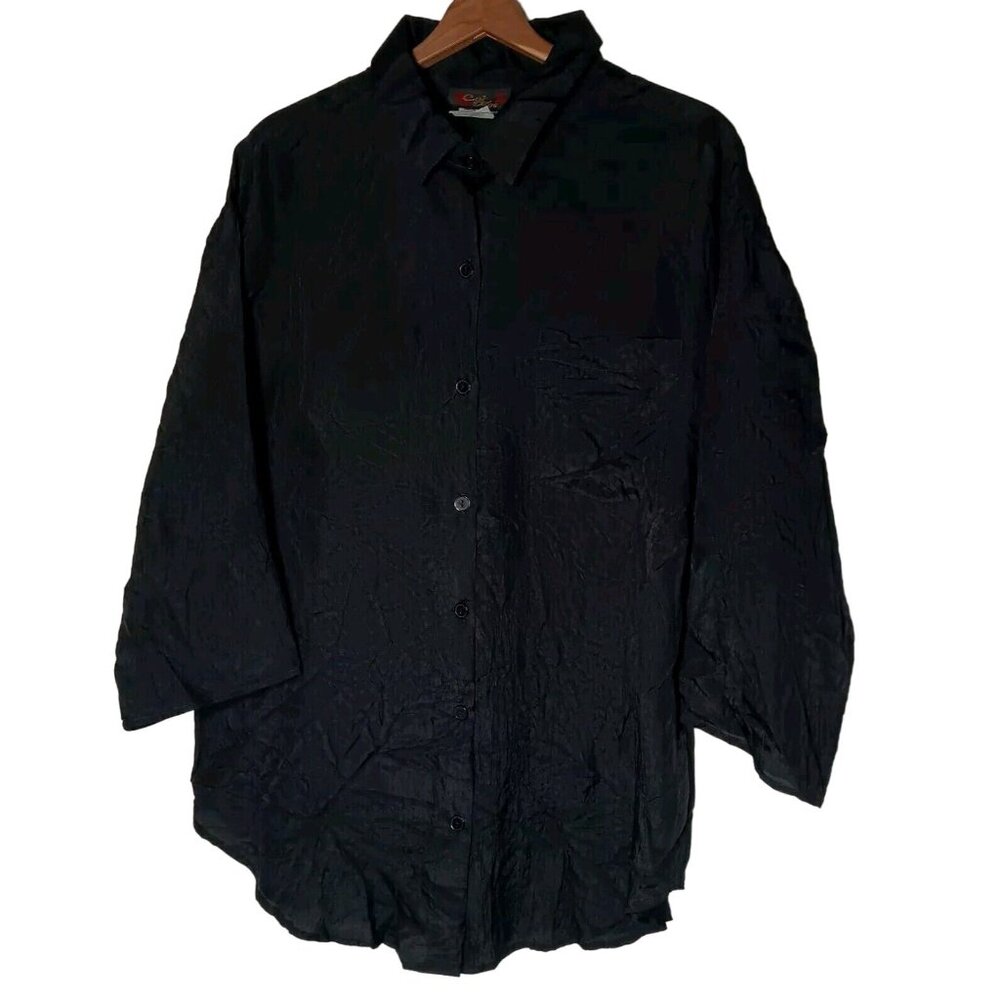 Cal Togs II Blouse Size 40 Plus Black Crinkle Lightweight Shirt Vintage Retro